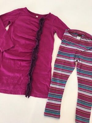 Tea Collection Pink Ruffle dress Striped Cropped leggings set outfit 4 YR