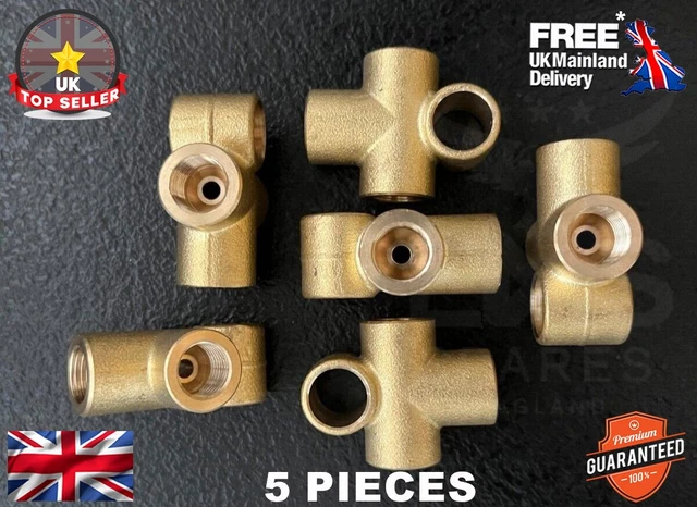 2X Brass 3-Way T Brake Line Pipe Fitting Connector - 3/8 UNF X 24 TPI Female Thread - EMS