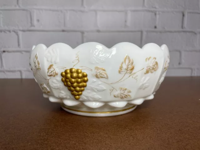 Westmoreland Milk Glass Paneled Grape Bowl with Gold Accents