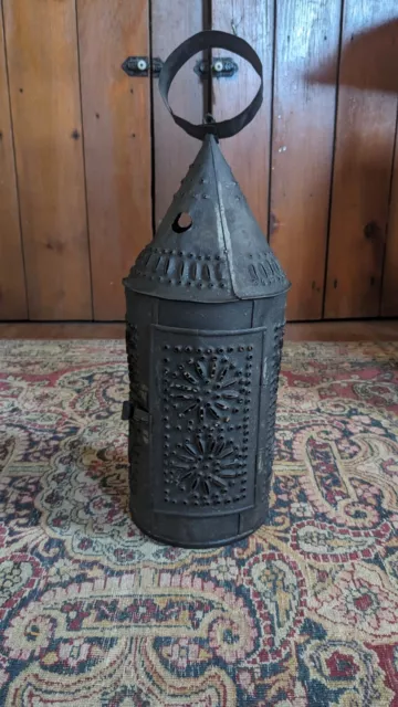 Antique Early Primitive Metal Tin Worn Black Punched Candleholder Lantern 16.5"