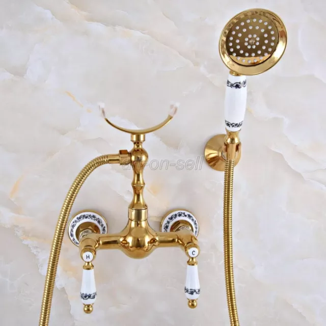 Golden Brass Wall Mount Bathroom Shower Faucet Hand Held Shower Set Mixer Tap