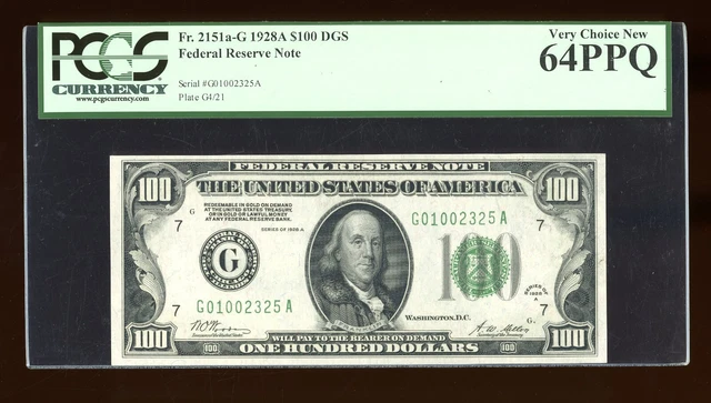 DBR 1928-A $100 DGS FRN Chicago Fr. 2151-Gdgs PCGS 64 PPQ Serial G01002325A