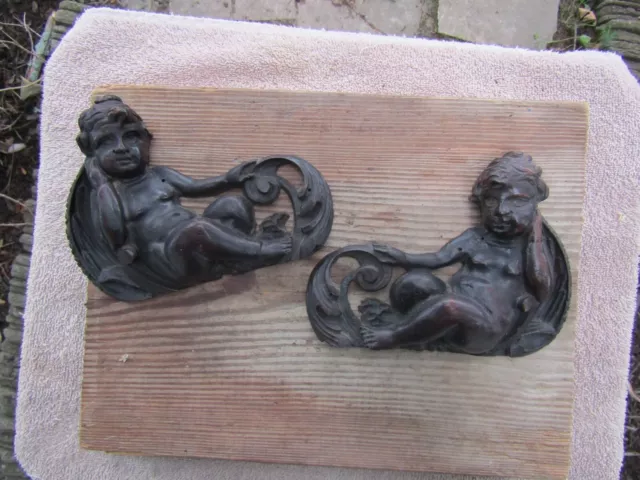 Antique Hand Carved Walnut Cherub Angel Pair Corbels Furniture Decor French? NR