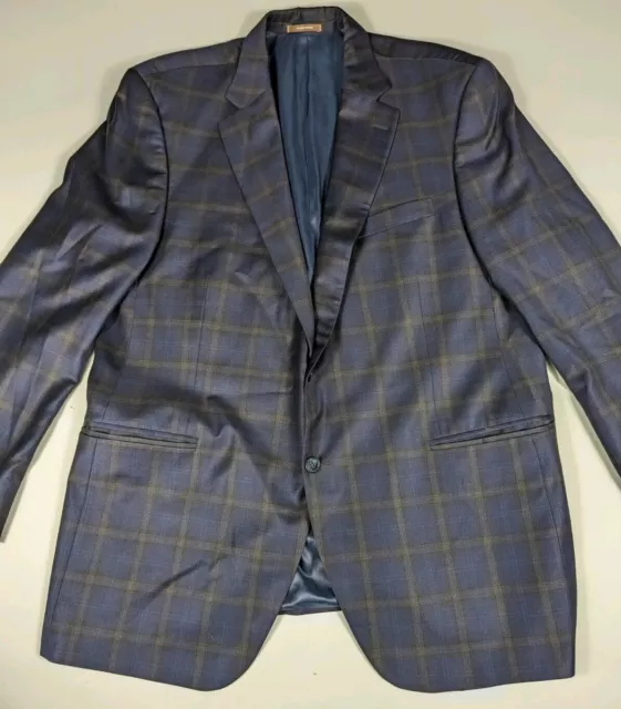 Peter Millar Sport Coat Gray Blue Windowpane 100% Wool Men's 46 Tall