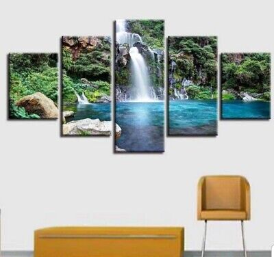 Waterfall Nature 5 PC  Panels framed canvas picture home decor Wall Art