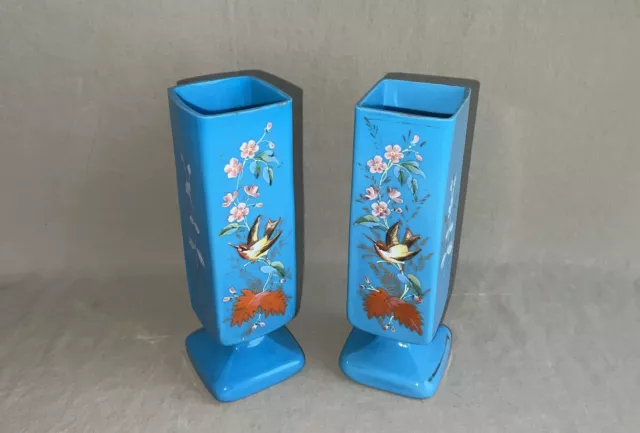 Antique 19th C Bristol Art Glass Blue Opaline Pair of Enamel Painted Bird Vases