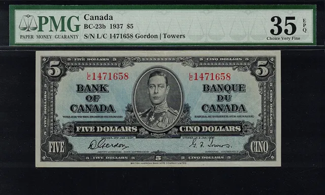 1937 $5.00 BC-23b PMG VF-35 EPQ HIGH Grade George VI GORDON Canada Five Dollars