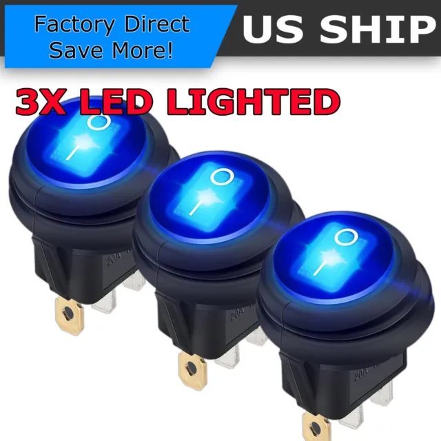 3X Led Lighted Rocker Switches 12V Round Toggle On Off 12 Volt Car Snap In