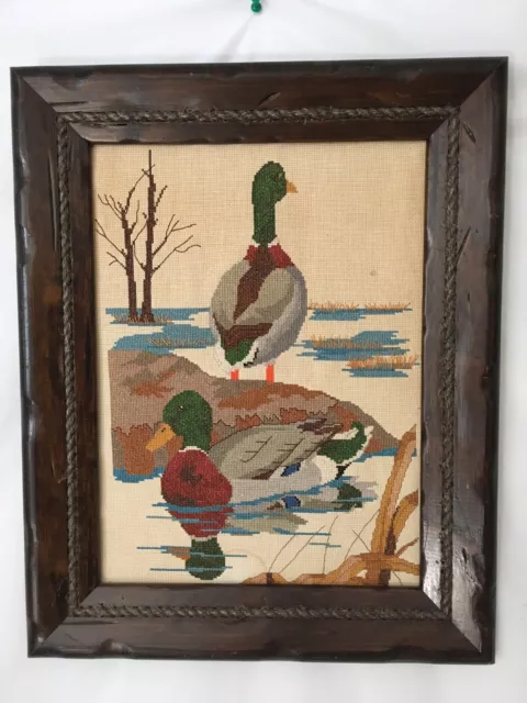 Rope Embed Solid Wood Vtg Frame Waterfowl Mallard Duck Wall Hang Needlepoint Art