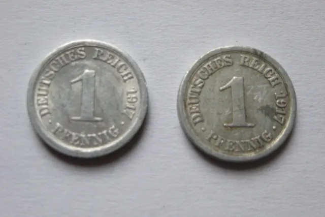 2 Stück  1  Pfennig Aluminium 1917  A und E  Kaiserreich