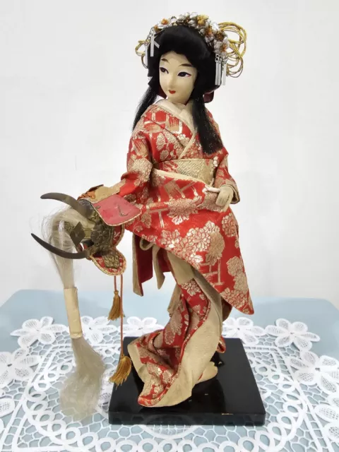 Antique Yaegaki Geisha Doll Wearing Japanese Brocade Kimono Hold Warrior Helmet