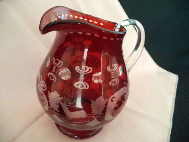 Ruby-red cut-to-clear art glass pitcher 2-qt deer bird castle Bohemian unusual