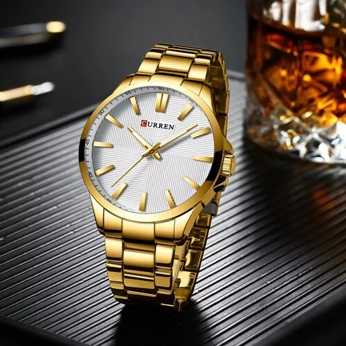 Orologio Da Polso Curren 8322 Uomo Analogico Quarzo Business Dorato Bianco lac