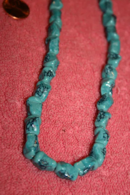 80’s Glazed Ceramic Necklace Heavy Beads with a Turquoise Color Pattern Baked on
