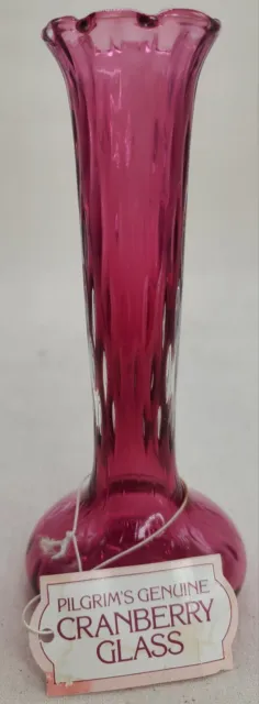 Pilgrim Cranberry  Glass Bud Vase Ruffled Ribbed Rim 7.25" Tall Sticker Vintage