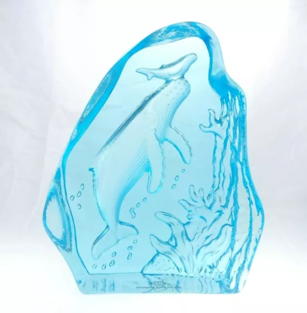 6" Robert Wyland Humpback Whale & Calf Glass Paperweight Blue 2002