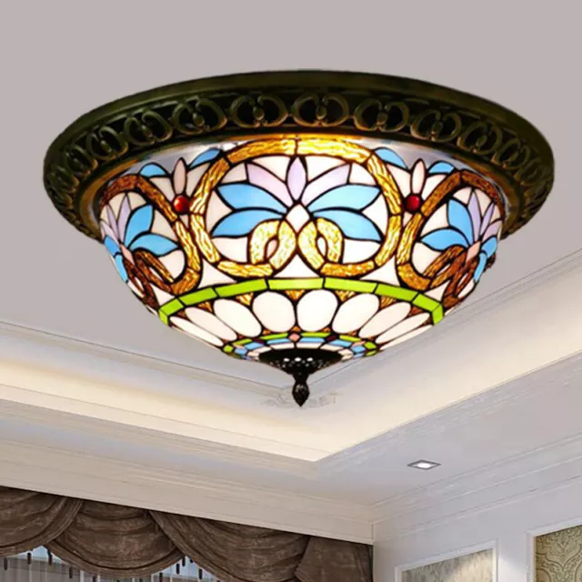 Tiffany Ceiling Chandelier Light Baroque Stained Glass Flush Mount Lamp Fixture