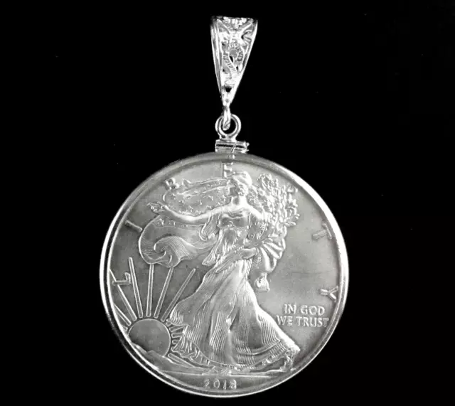 Coin Pendant 2018 1 Oz BU American Silver Eagle Sterling Silver Bezel Large Bail
