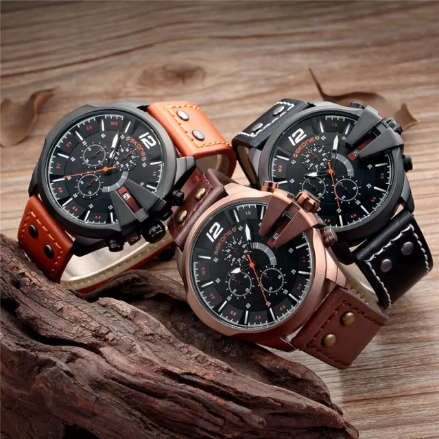 Men's Watch Chronograph Stopwatch Sport Quartz - Military Leather Luxury Watch