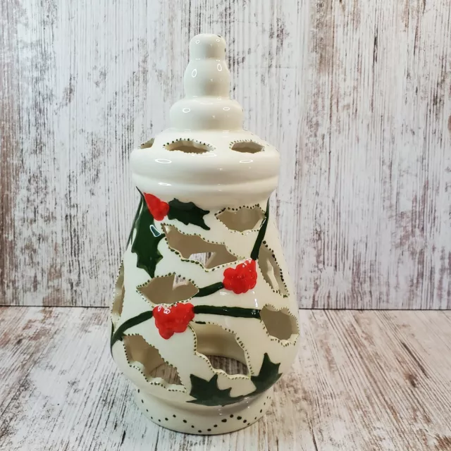 Christmas Ceramic Cut-Out Hurricane Lamp TOP ONLY Holly Leaves  8.5" tall