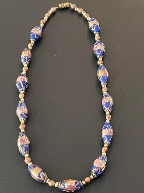 Vintage Venetian Cobalt Blue Pink Rose Glass Lozenge Bead Wedding Cake Necklace