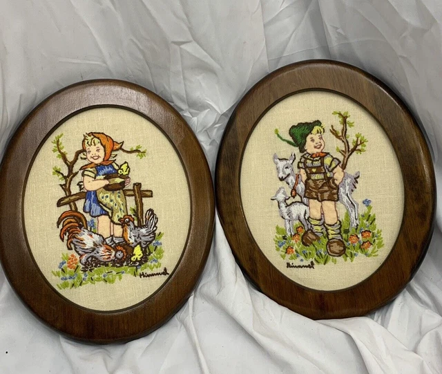 Juego completo de 2 marcos hechos a mano de arte Hummel Crewel ovalados niño niña 10x12 vintage