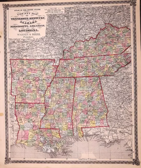 1875 Map ~ SOUTH GULF STATES - KENTUCKY - TENNESSEE - ARKANSAS (15x18)-#020