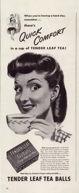 Print Ad Tender Leaf Tea Balls 1945 Quick Comfort Half-Page Magazine 5"'x12"