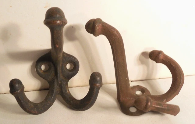 2 Antique/Vintage Hardware Cast Iron Architectural Double Hooks Exc Cond ~~ Nr