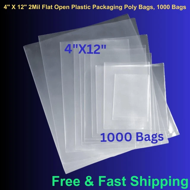 4" x 12" 1000 Bags, 2Mil Flat Open Top Plastic Packaging LDPE Clear Poly Bags