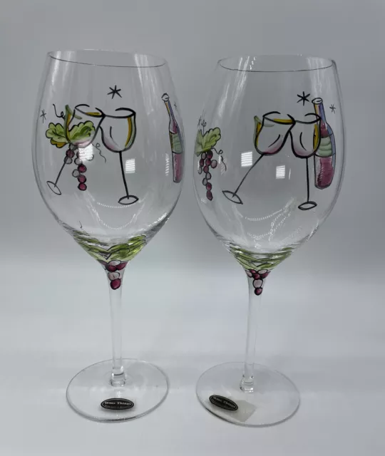 VTG Wine Things Handmade & Painted Romania SET 2 Wine Glasses Grapes Bottle  MCM