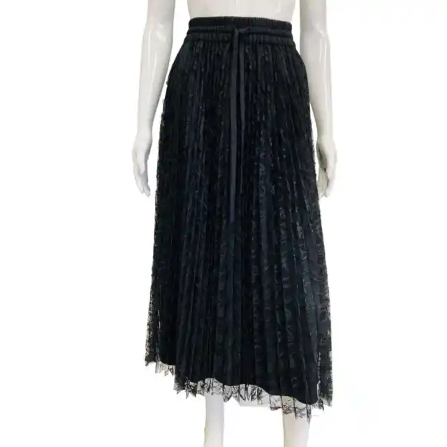 RED VALENTINO Black Lace Pleated Tulle Drawstring Midi Skirt Size EU 42 US 4