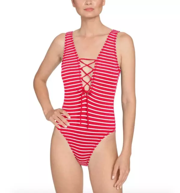 Robin Piccone A2655 Womens Sailor Stripe Red Lace Up One Piece Swimsuit Size 12
