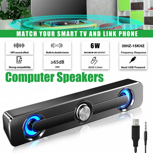 LED STEREO COMPUTER Speaker RGB USB Powered Soundbar Wired For PC