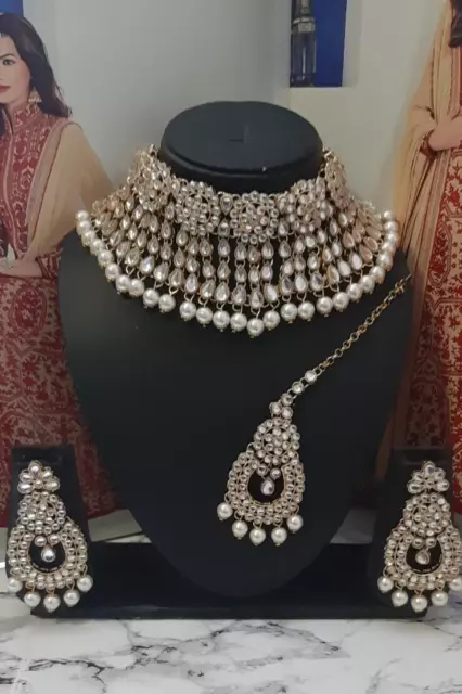 Indian Bollywood Asain Choker  Gold Necklace Earrings Tikka Jewellery Set