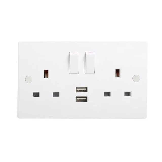 Blanc Double Prise USB 13A 2 Gang Électrique Murale Avec 2 de Courant