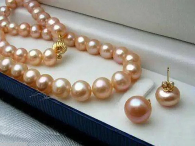 Genuine Natural Pink Cultured Pearl Necklace Earrings Set 14-48''