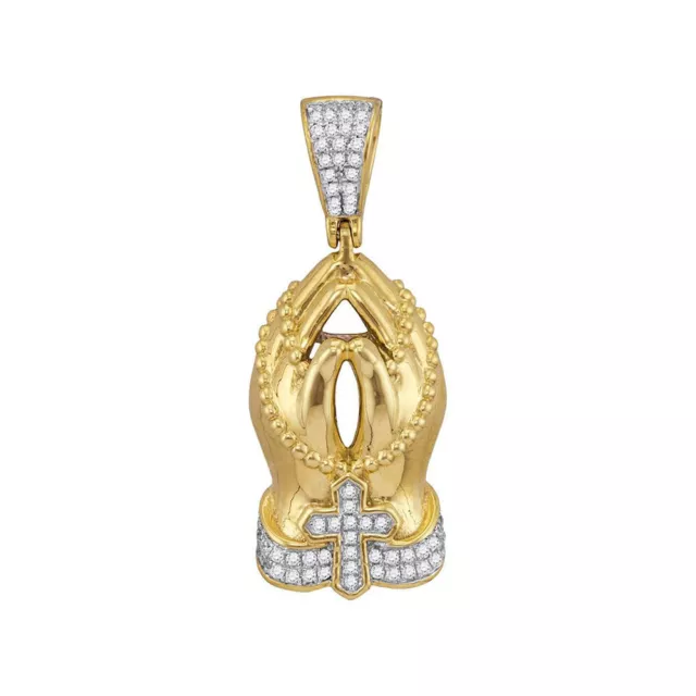 10kt Yellow Gold Mens Round Diamond Rosary Praying Hands Charm Pendant 1/4 Cttw
