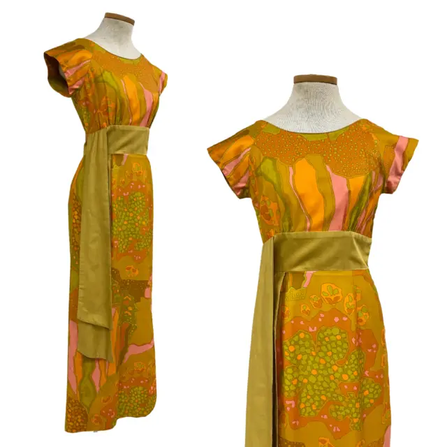 Vtg Vintage 1960s 60s Citrine Chartreuse Psych Print Designer Hawaiian Dress