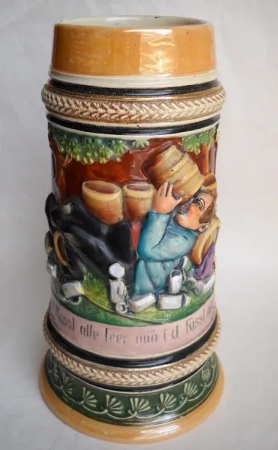 Antique Germany 1/2L Stein with Orange Luster and scene in Relief