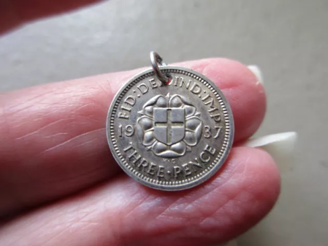 Antique Vintage King George 1937 Silver Threepenny Coin Token Fob Charm Pendant 2