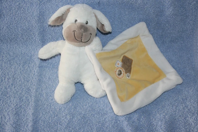 Nicotoy Simba Doudou Chien Blanc Mouchoir Blanc Jaune Brode Lapin Etat Neuf