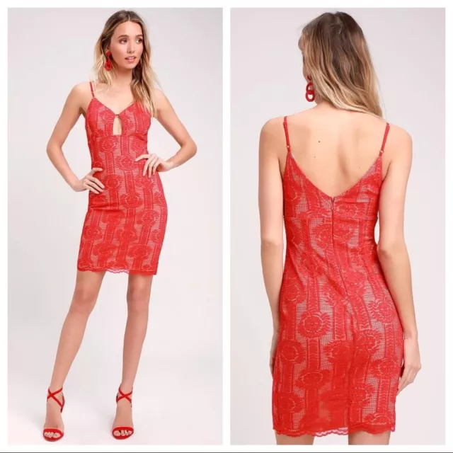 Lulu’s NWT Avianna Red and Nude Lace Bodycon Dress Size Large