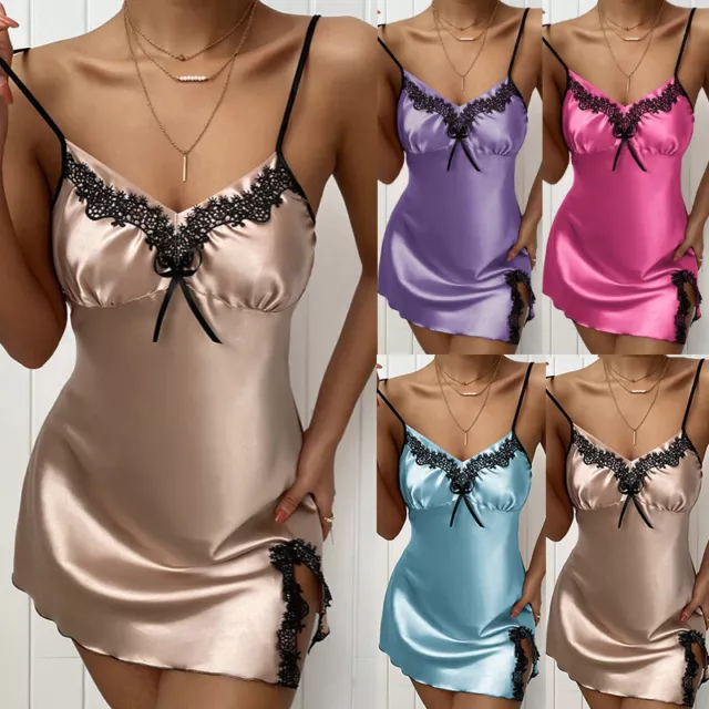 Femmes Sexy Satin Soie Bretelles Chemise De Nuit Nuisette Lingerie Pyjamas #