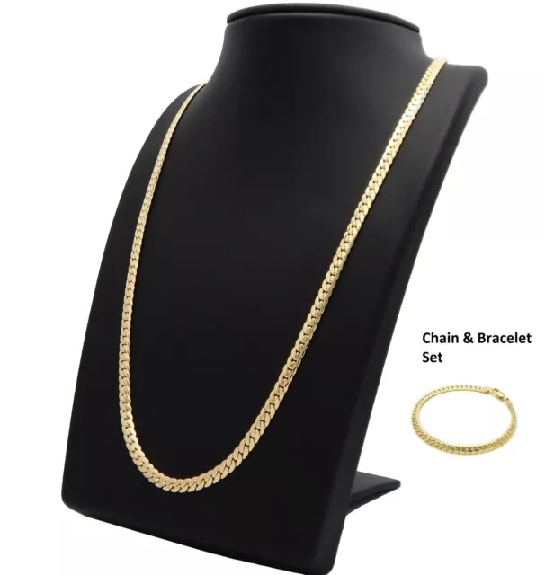 14k Mens Miami Cuban link Chain & Bracelet Set Gold Plated 5mm Necklace