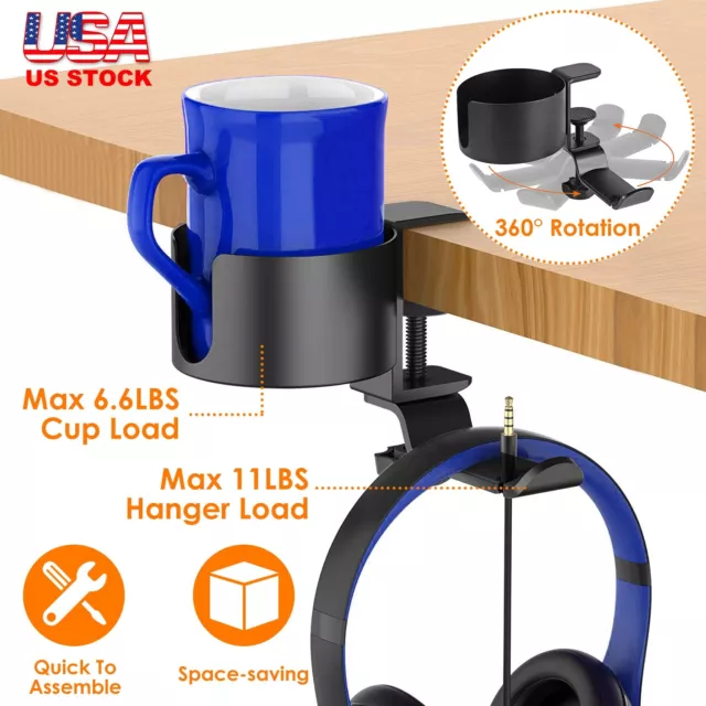 Desk Cup Holder Anti-spill Cup Holder 360° Rotating Headphone Hanger Desk Racks