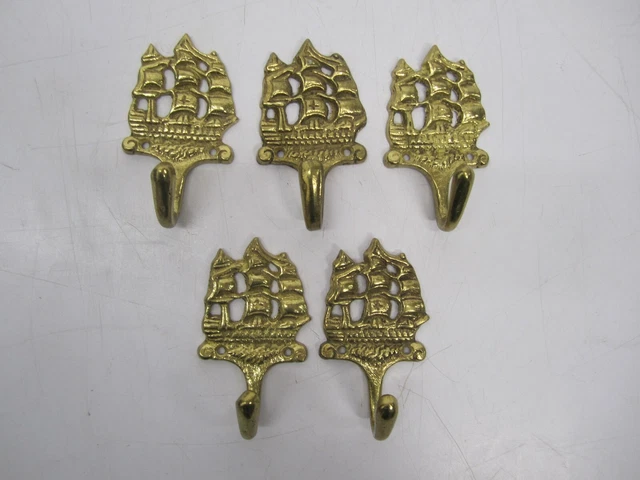 Set 5 Vtg Brass Metal Wall Mount Coat Hooks Nautical Sail Boat Clipper Ship
