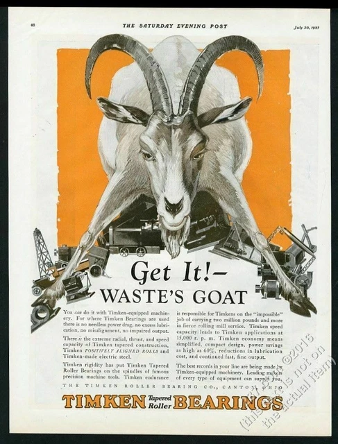 1927 dramatic goat art Timken roller bearings vintage print ad