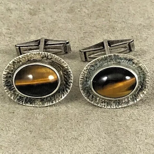 Sioma Sterling & Tiger Eye Oval Cufflinks-3/4" x 3/8"