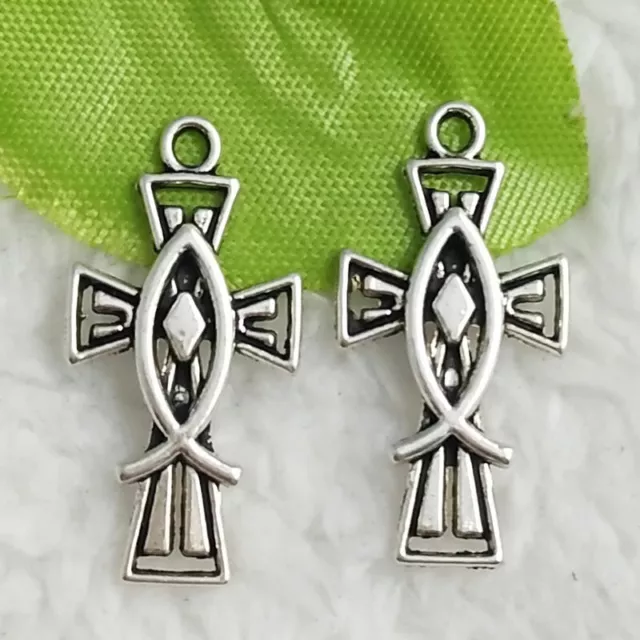 Free Ship 252 pcs tibet silver cross fish charms 26x14mm B4784